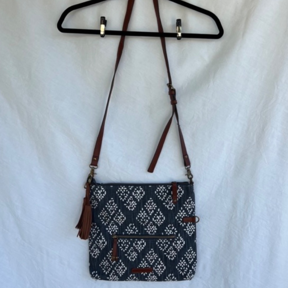 Lucky Brand Canvas Foldover Crossbody Bag Diamond Pattern with cute Tassels